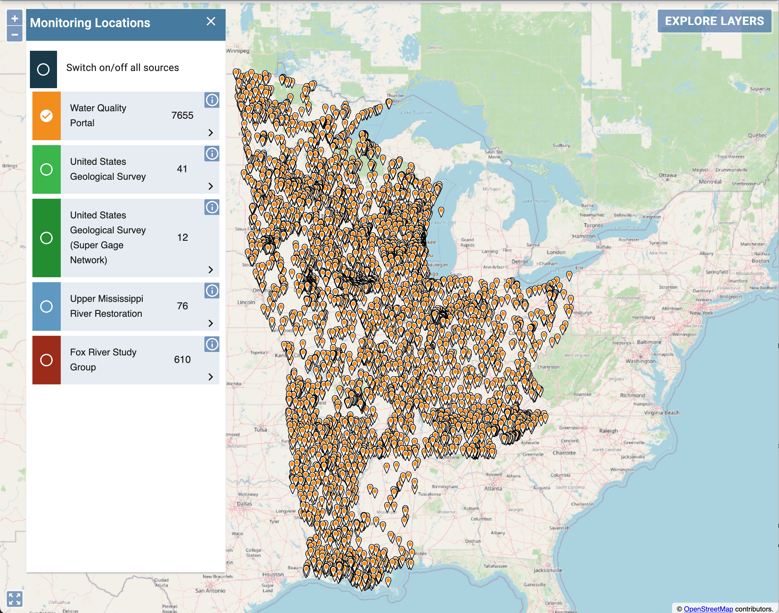 Dashboard 3: Interactive Explore Data Dashboard that curates and distills national nutrient water quality data within the Mississippi River Basin.